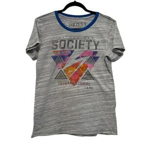 Society Graphic T-Shirt Gray Striped Scoop Neck Fitted Top Women’s Size Large